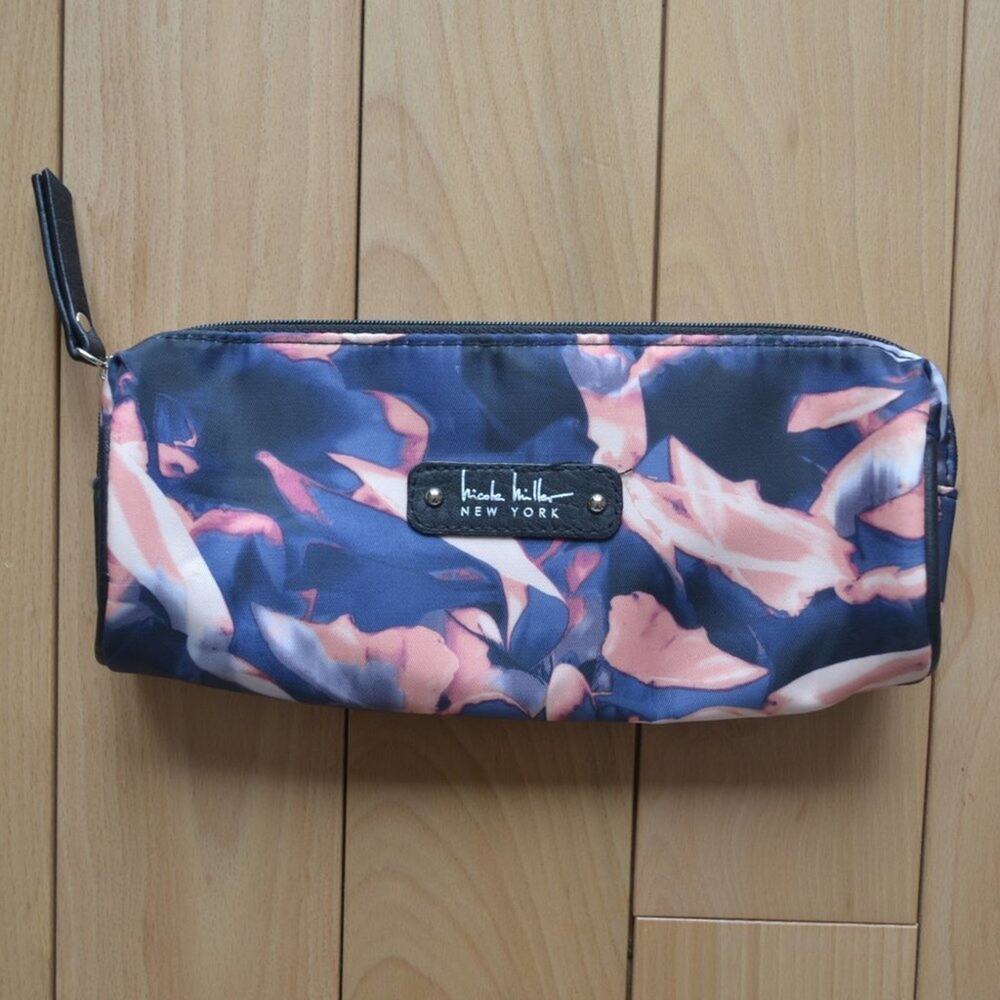 Nicole Miller Cosmetic Case Bag Long Blue, Pink and Black Pattern Makeup Bag